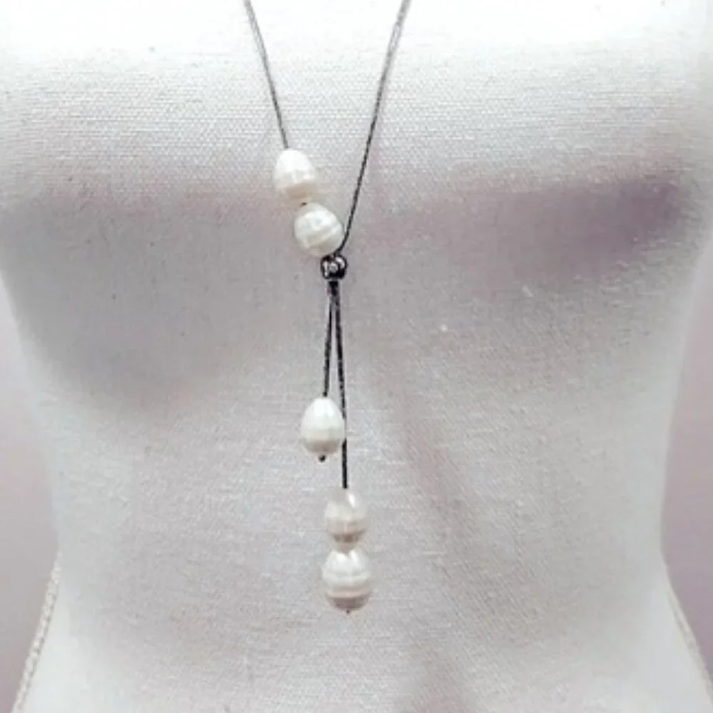 Chico's Faux Freshwater Pearl Silver Tone Snake Chain Adjustable Lariat Necklace